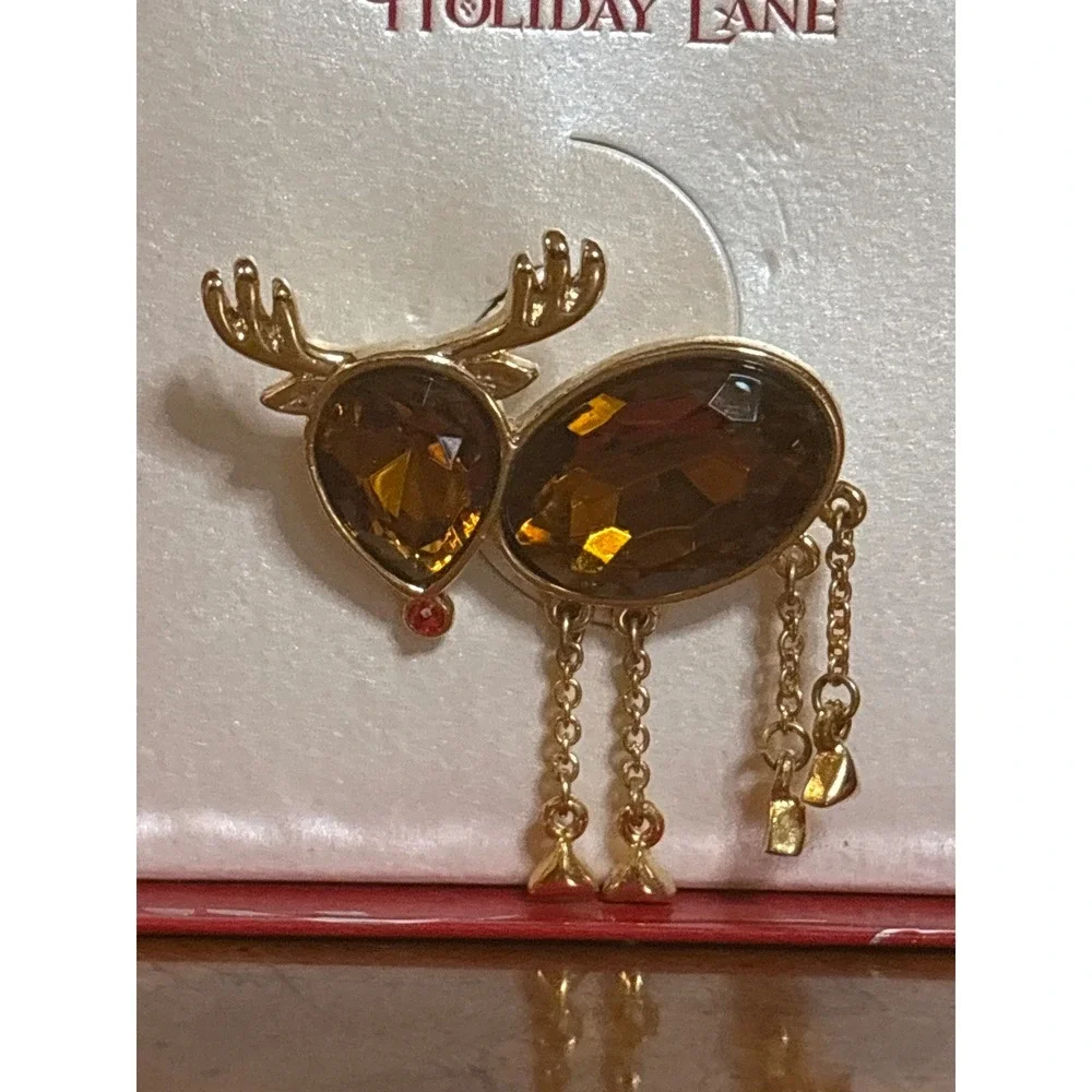 Macys Holiday Lane Rudolph Red Nose Reindeer Brooch Gold Tone Amber Crystal Pin
